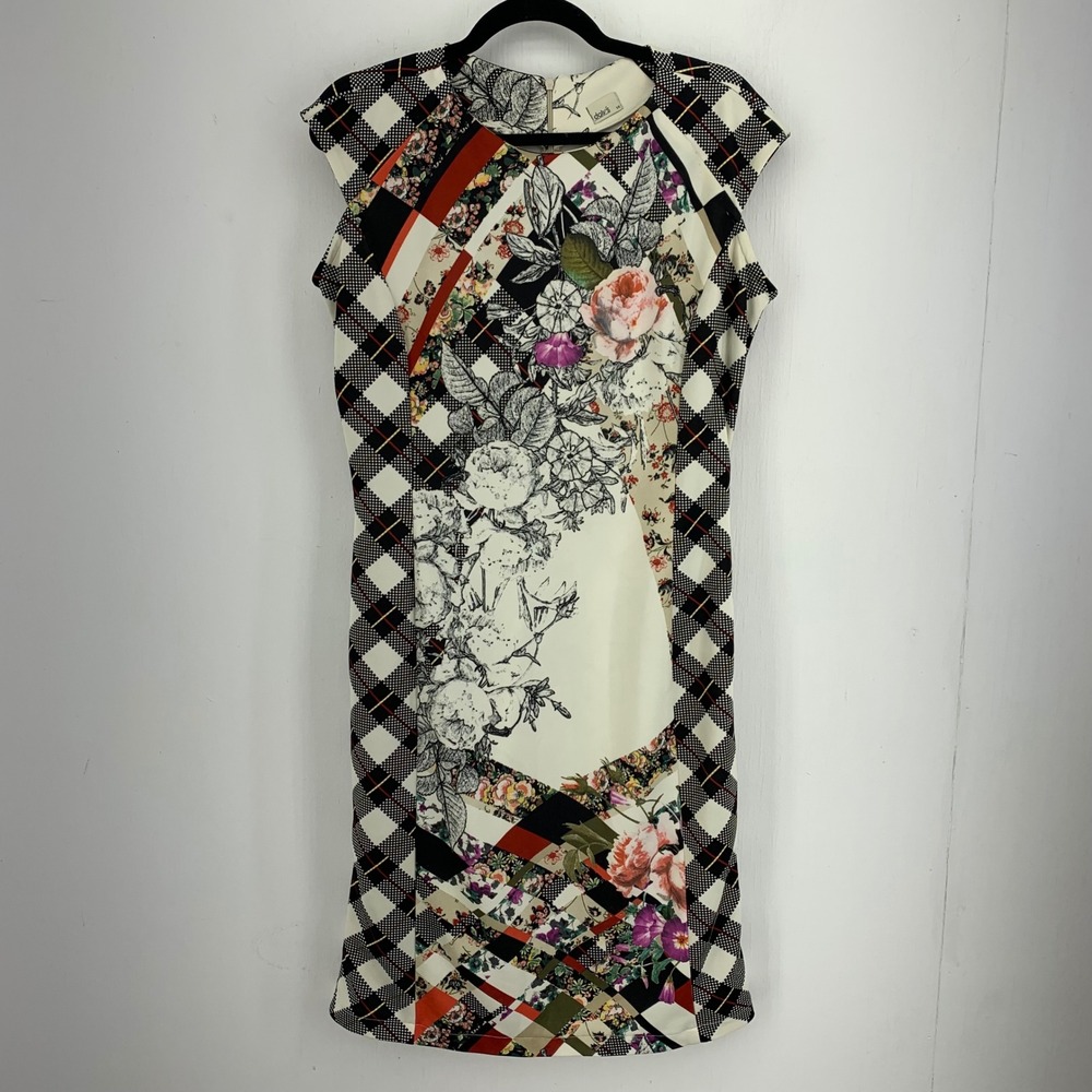 Patchwork Floral Plaid Mixed Print Mod Retro Sheath Dress Multi Eclectic Sz. 14